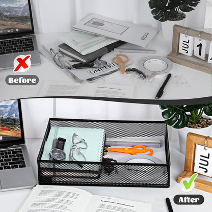 Desk Drawer Organizer, A4 Large Black Mesh Drawer Organizer Portable Desk Paper Letter Mail Basket Tray Versatile Metal Wire Storage Tray with Handle for Home Office Organizing Supplies, 13 X 9 Inches