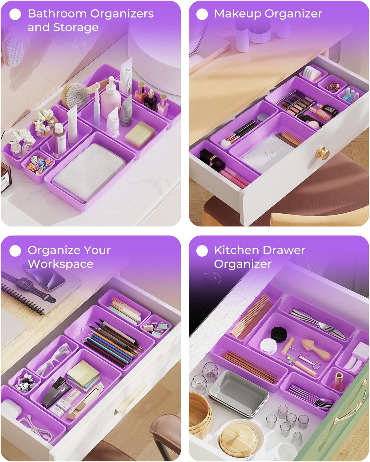 BiuLeon 25 PCS Plastic Drawer Organizers Set, 4-Sizes Vanity and Makeup Organizer, Desk and bathroom Drawer Organizer Trays, Organizers and Storage for Makeup, Jewelry, Gadgets, Utensils (Pink)