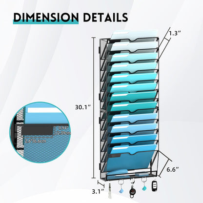 5 Tier Wall File Organizer - Hanging File Organizer with 5 Hooks, Mail Holder Wall Mounted for Papers, Folders, Magazines, Bills, Office&School Organization, Black