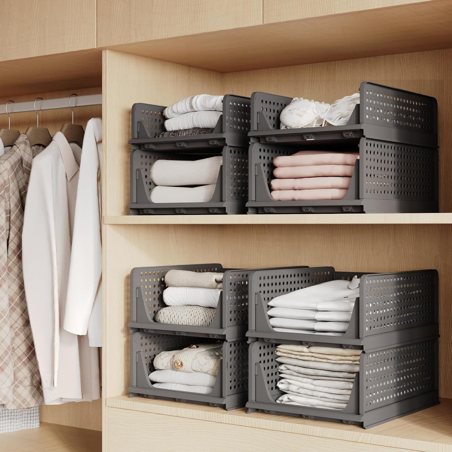 Pinkpum 5 Pack Stackable Plastic Storage Closet Organizers and Storage Bins Drawer Shelf Storage Container for Wardrobe Cupboard Kitchen Bathroom Office White