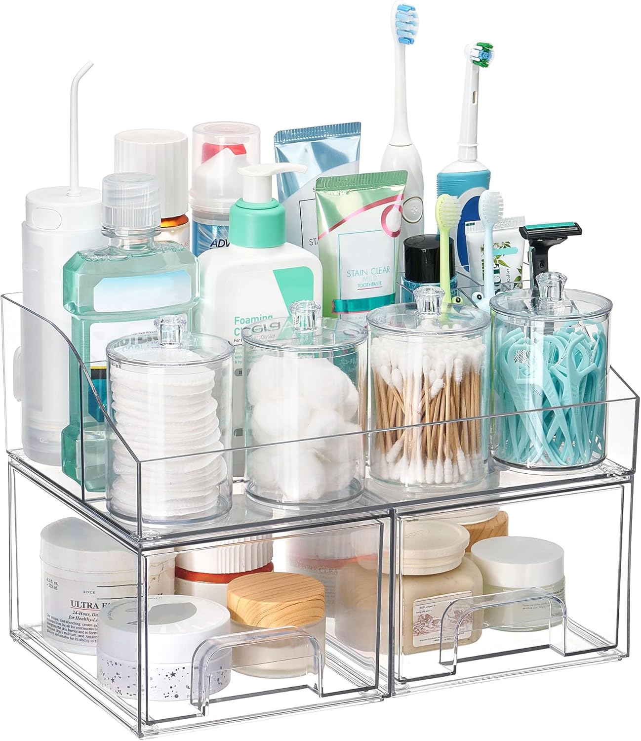 Vtopmart 6 PCS Bathroom Countertop Organizer, 1 Divided Tray with 4 Qtip Holder Jars and 1 Drawers, Restroom Clear Organizers for Toothbrush, Cotton Pads, Vanity Accessories Storage Set