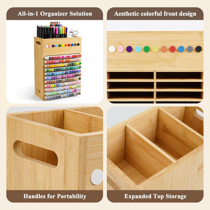 Marker Organizer for Desk - 154 Capacity Wooden Marker Holder - Ergonomic Handles - Additional Art Supply Storage Rack for 130 Alcohol Markers, Pens, and Pencils - Desktop Stand for Markers - Bamboo