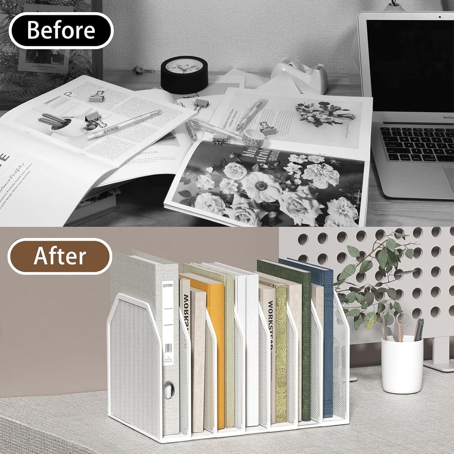 FANXIYQ Metal 7-Section File Folder Organizer for Desk | Vertical Office File Holder | Heavy-Duty Mesh Document Sorter for Books, Binders, Laptops | Black Desk Organizer (12.8”x8.5”x7.9”)
