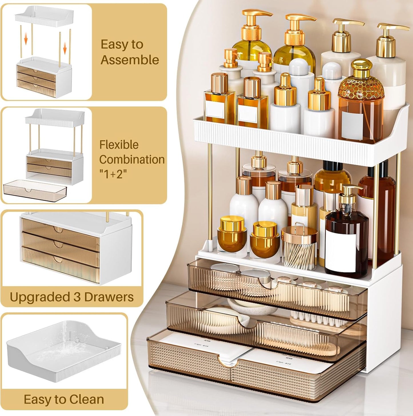 caktraie 12.2" W Makeup Organizer Drawers - 5 Tiers Bathroom Counter Organizer, Cosmetic Storage Drawer for Dresser Countertop and Bathroom Vanity for Large Skincare, Perfume, Clear