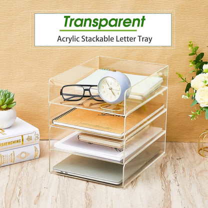 Harloon 4 Tier Paper Organizer Letter Tray Acrylic Desk File Organizer Heavy Duty Stackable Documents Clear Letter Paper Holder Sorter Office Tray for A4, Office Classroom Home File Pad Notebooks