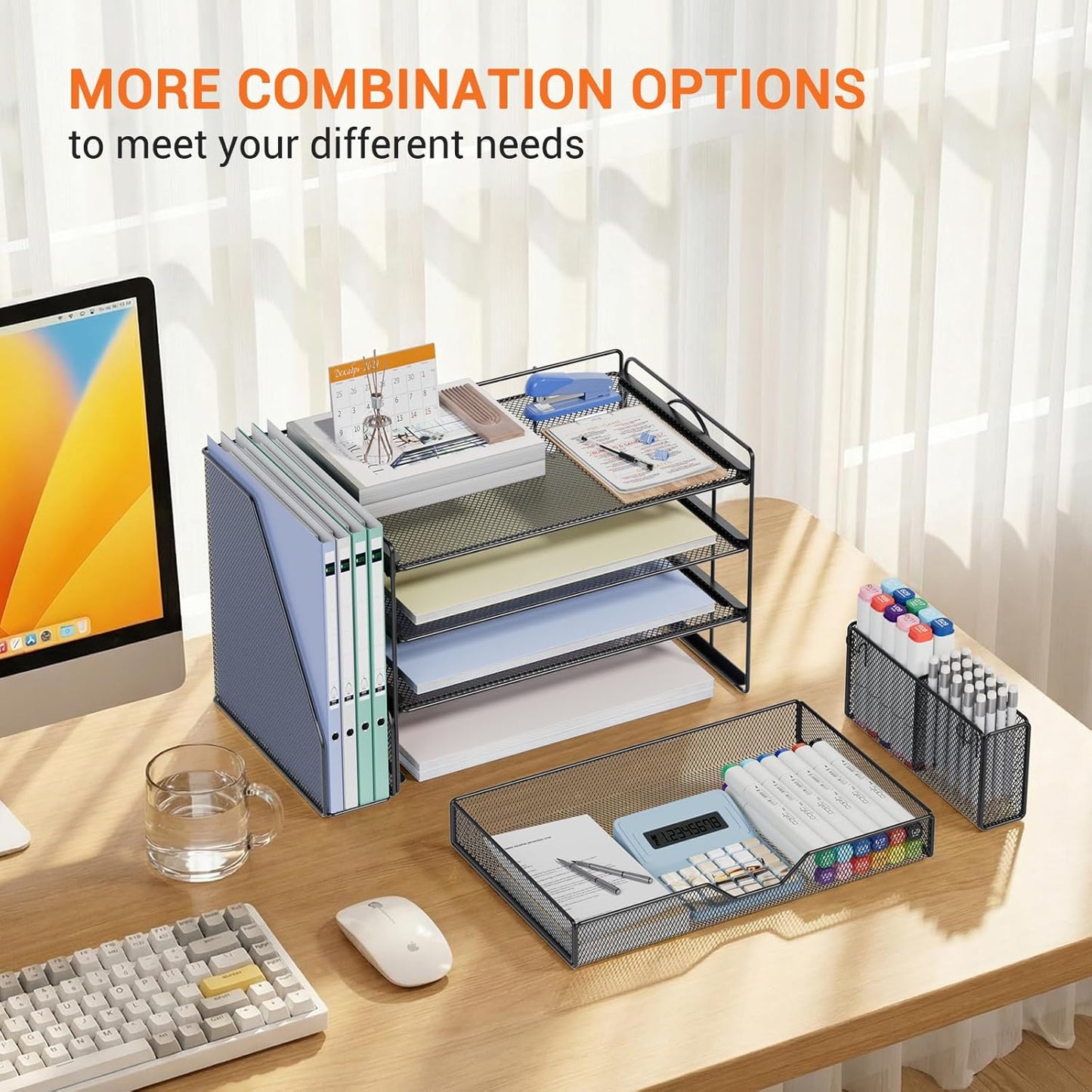 OPNICE Desk Organizers and Accessories, 4-Tier Office Desk Accessories & Workspace Organizers with Drawer and Pen Holder, Desktop Paper Tray File Organizer for Home Office Supplies, Gold