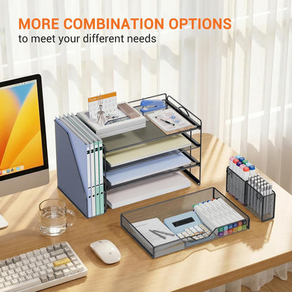 OPNICE Desk Organizers and Accessories, 4-Tier Office Desk Accessories & Workspace Organizers with Drawer and Pen Holder, Desktop Paper Tray File Organizer for Home Office Supplies, Gold