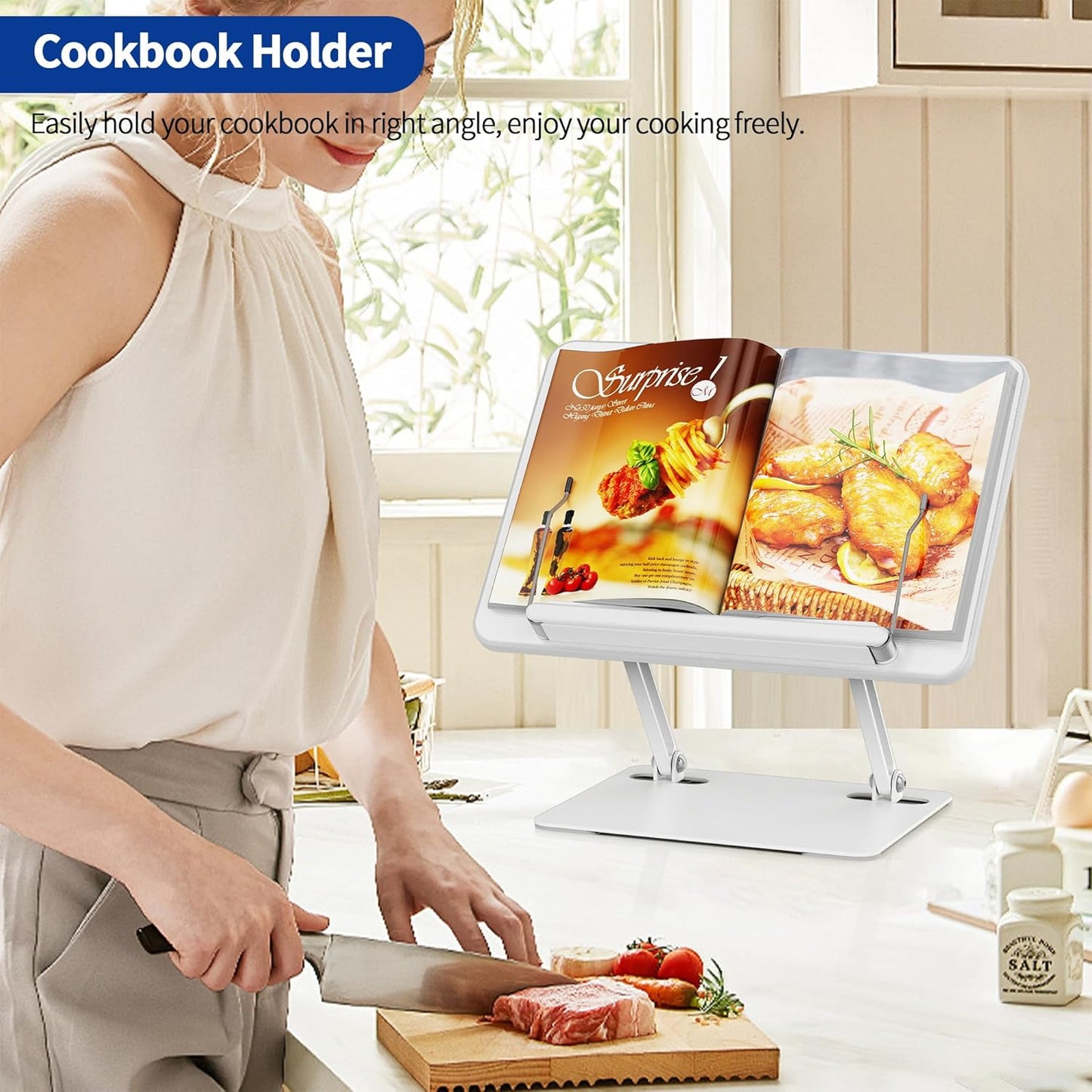 BESIGN BS01 Book Stand for Reading, Adjustable Book Holder, Ergonomic Laptop Stand with Elastic Page Clips for Music Scores, Recipe, Tablet, Laptop (Black)
