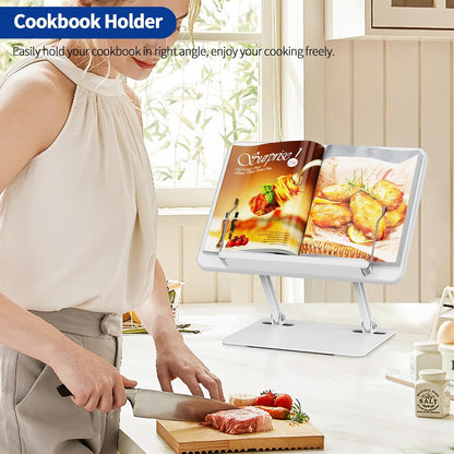 BESIGN BS01 Book Stand for Reading, Adjustable Book Holder, Ergonomic Laptop Stand with Elastic Page Clips for Music Scores, Recipe, Tablet, Laptop (Black)