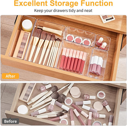 SMARTAKE 13-Piece Drawer Organizers with Non-Slip Silicone Pads, 5-Size Desk Bathroom Drawer Organizer Trays Storage Tray for Makeup, Jewelries, Utensils in Bedroom Dresser, Office and Kitchen, Clear