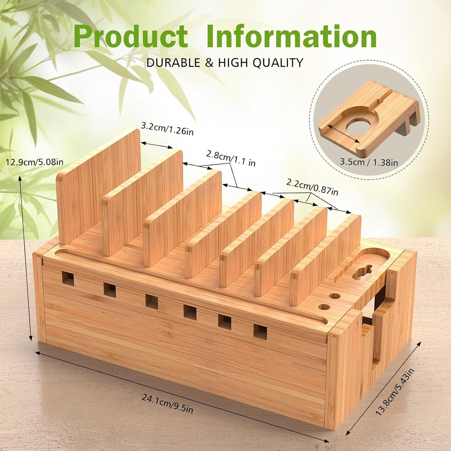 Pezin & Hulin Bamboo Charging Station for Multiple Devices with 5 Port USB Charger, 5 Cables and Watch Stand. Wood Desktop Docking Stations Organizer for Cell Phone, Tablet, Watch, Office Accessories