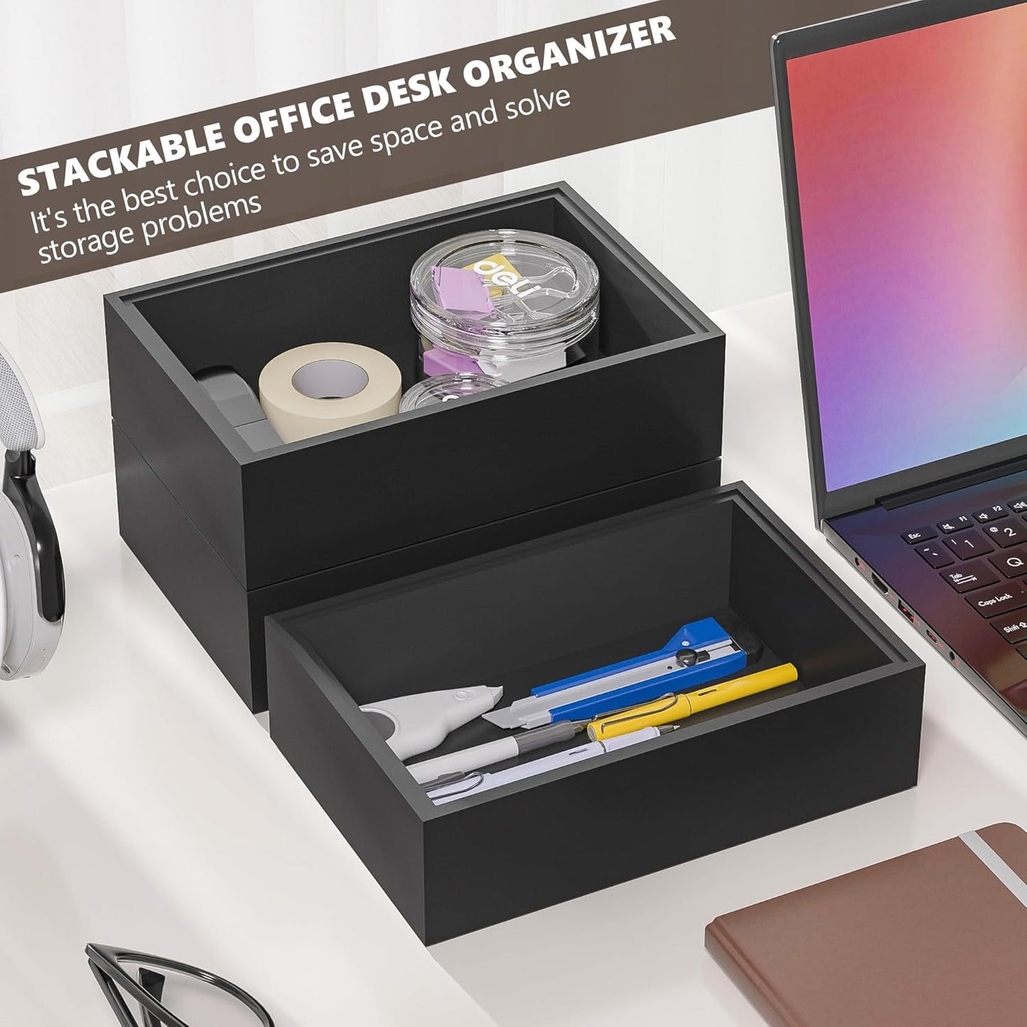 Kitchen Drawer Organizer Bins, Stackable Bamboo Drawer Organizer for Silverware, Flatware, Coffee Pod Organizer K Cup Holder for Countertop, 2 Pcs Coffee Station Organizer 12" x 6" x 2.5"