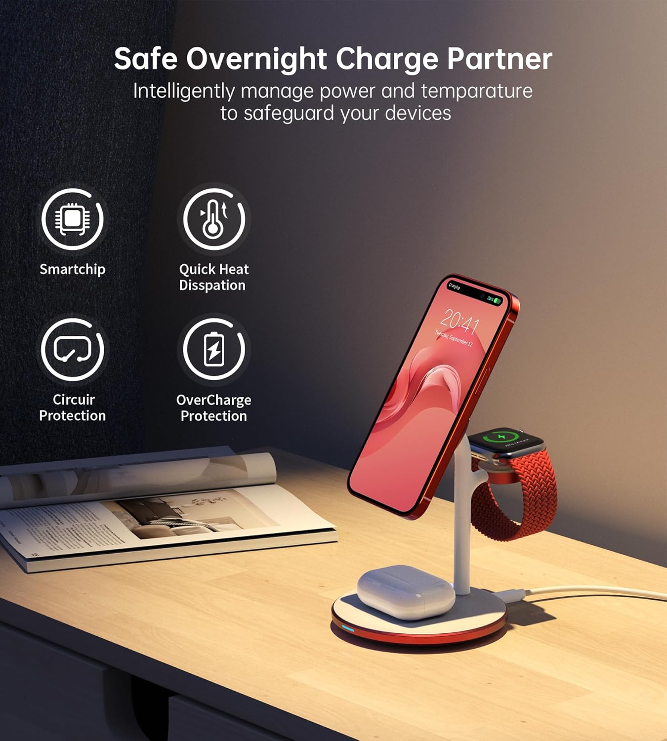 XooFly 3 in 1 Wireless Charging Station for Apple Devices, Fast Wireless Mag-Safe Charger Stand with 20W Adapter for iPhone 17 16 15 14 13 12 Pro Max/Air/Plus/Pro,iWatch,AirPods-Gift for Wife&Husband