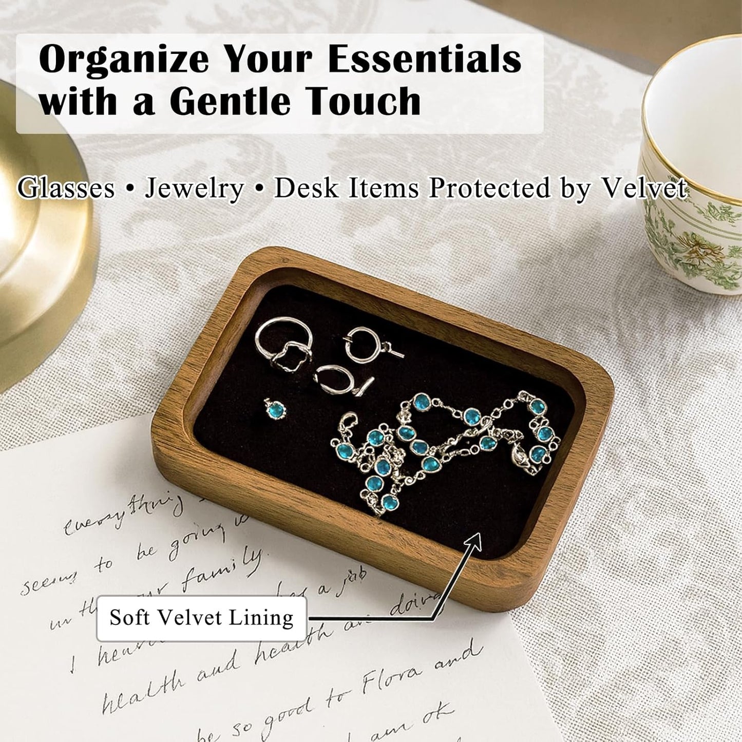 Walnut Wood Serving Tray with Velvet Liner – Decorative Valet Catchall Organizer for Desk, Nightstand & Entryway | Jewelry, Keys & Accessories Holder