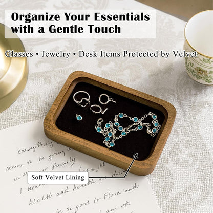 Walnut Wood Serving Tray with Velvet Liner – Decorative Valet Catchall Organizer for Desk, Nightstand & Entryway | Jewelry, Keys & Accessories Holder