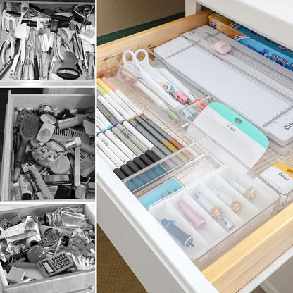 LotFancy Clear Drawer Organizers, 12” x 3” x 2”, Set of 3, Drawer Organizer Trays for Desk, Plastic Storage Bins for Bathroom, Makeup, Utensils, Stackable