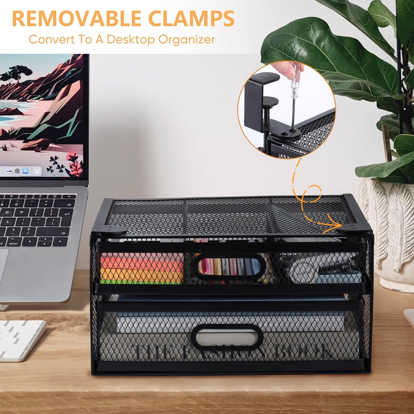 Sliding Under Desk Drawer Organizer No Drilling 2 Drawers Slide Out Desktop Or Under Table Storage Metal Clamp On Desk Drawer Attachment Anti-Slip Desktop Organizer for Home & Office, White