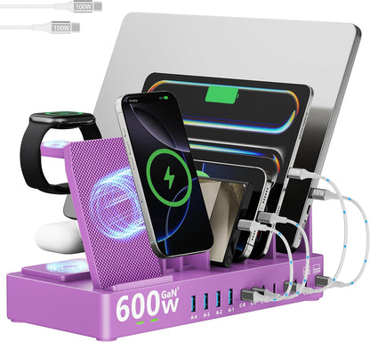 600w Charging Station for Multiple Devices, 15 in 1 Wireless Charging Station for Apple, Dual 100w USB C Tablet Charging Station for MacBook,iPhone,iPad,Tablet(Black)