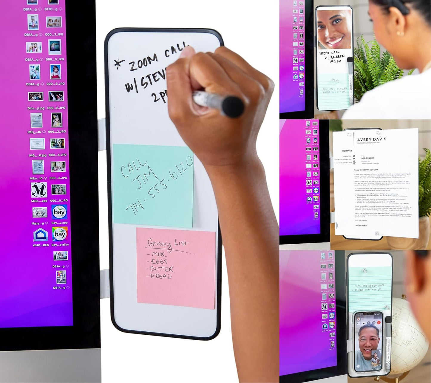 Removable Multi-Use Laptop and Monitor Memo Board; 11.8" x 4.3" Magnetic Whiteboard, Gray Brackets, Marker, Mirror, and 4 Magnets Included; Document Holder; Small Dry Erase Board; Sticky Note Holder