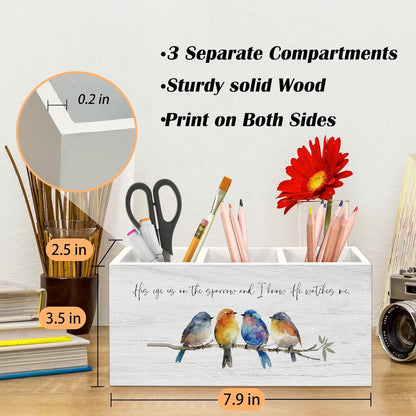 Christian Sparrow Bird Pen Holder for Desk, Religious Scripture Bible Verse Pencil Organizer, His Eye is on The Sparrow Bird Wooden Pen Holder Desk Accessories Decor for Home Office