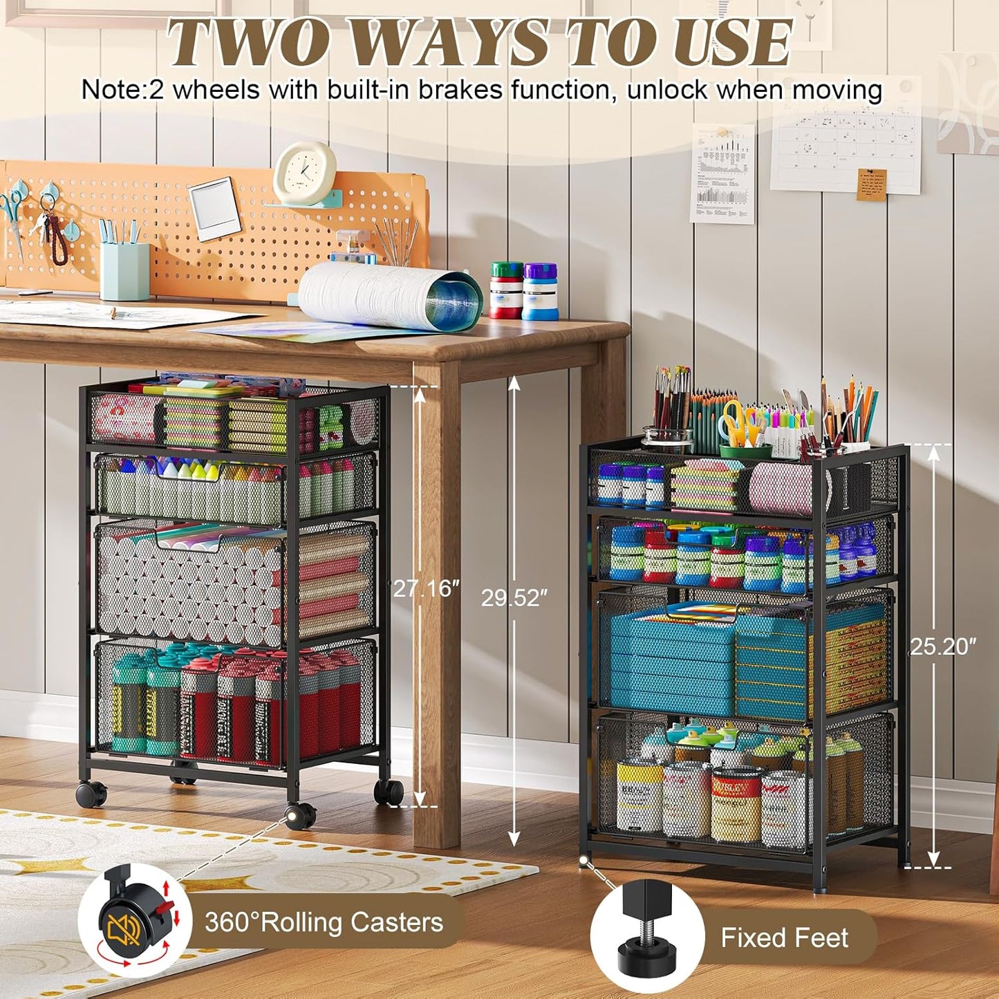 Rolling Utility Cart with 3 Drawers, Craft Organizer and Storage with DIY Divider, Lockable Wheels, Multi-Functional Storage for Art Supplies, Store for Brushes & Paints & Small Parts(Patent Pending)