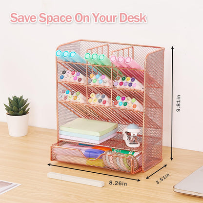 Spacrea Pen Holder Desk Organizer - Desk Organizers and Accessories, Pencil Holder with 10 Compartments and 1 Drawer（Rose Gold）