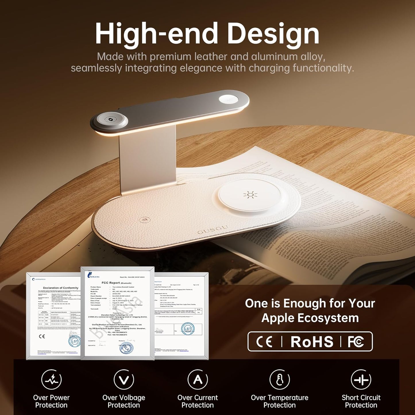 GUSGU 3 in 1 Charging Station with Three-Level Night Light, 15W Max Fast Charging, Wireless Charger for iPhone 15/14/13/12, iWatch S1-8/Ultra, AirPods(30W USB-C Charger Included), White