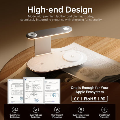 GUSGU 3 in 1 Charging Station with Three-Level Night Light, 15W Max Fast Charging, Wireless Charger for iPhone 15/14/13/12, iWatch S1-8/Ultra, AirPods(30W USB-C Charger Included), White