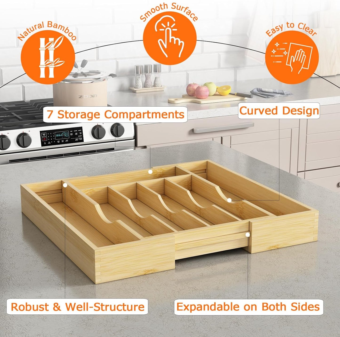 Youpehom Bamboo Utensil Organizer for Kitchen Drawers, Expandable Utensil Tray and Cutlery Silverware Holder,Wood Drawer Dividers with 7 Adjustable Slots