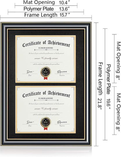ELSKER&HOME Diploma Frame - Wide Solid Wood Frame - Black Velvet Golden Rim Mat - Semi-Tempered Glass - Includes Hanging Hardware and Desktop Easel(ONLY Display 11×14 Document/Certificate)