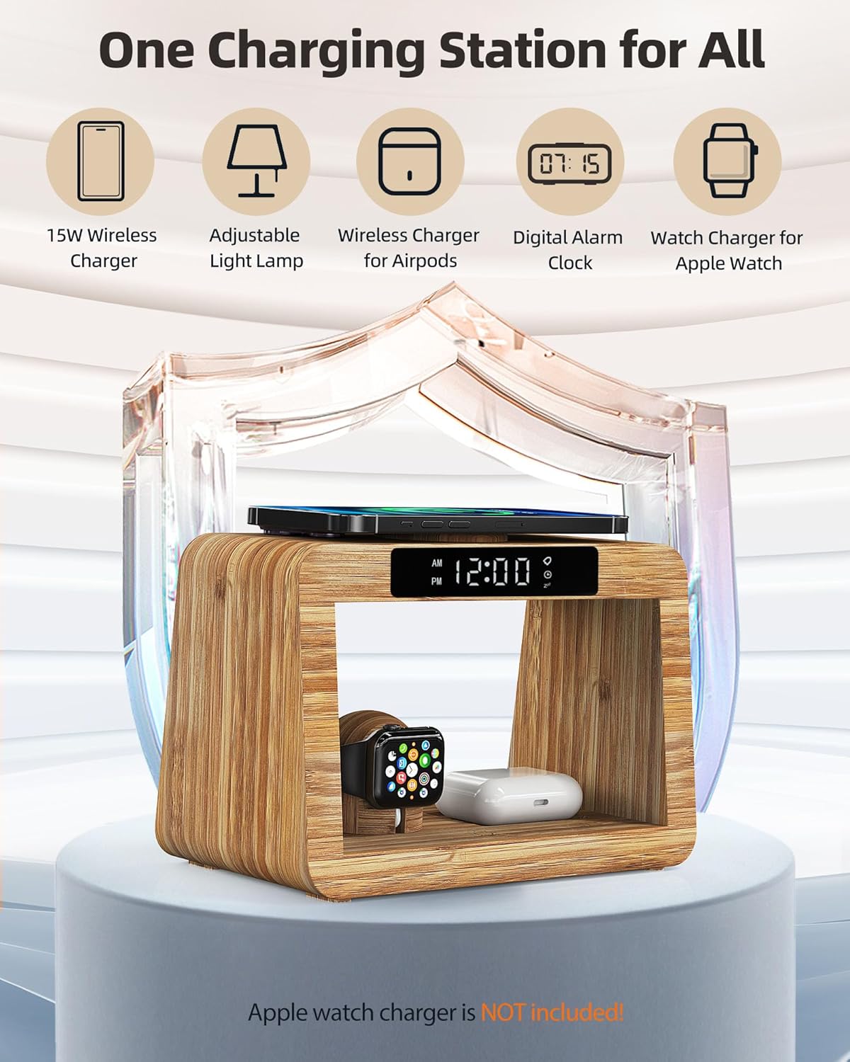 Bamboo Wireless Charging Station with Alarm Clock & Night Light, 3 in 1 Charging Station for iPhone 17/16/15/14/13/12/11 Pro Max/X/Xs, AirPods 4/3 & AirPods Pro 3/2/1/, Apple Watch Series