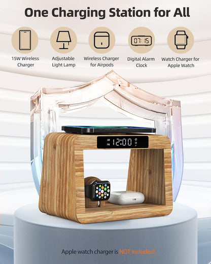 Bamboo Wireless Charging Station with Alarm Clock & Night Light, 3 in 1 Charging Station for iPhone 17/16/15/14/13/12/11 Pro Max/X/Xs, AirPods 4/3 & AirPods Pro 3/2/1/, Apple Watch Series