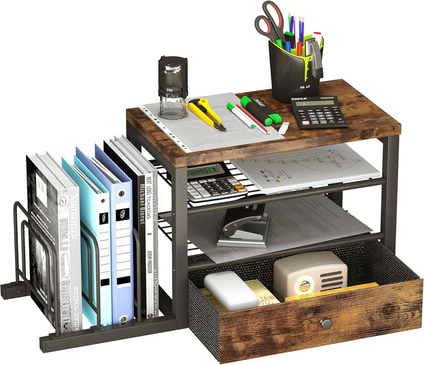 Homeiju Wood Desk Organizer with Drawers, Desk File Organizer with 3 Vertical File Holders, File Shelf,Storage for Mail, Supplies,Classroom Organization