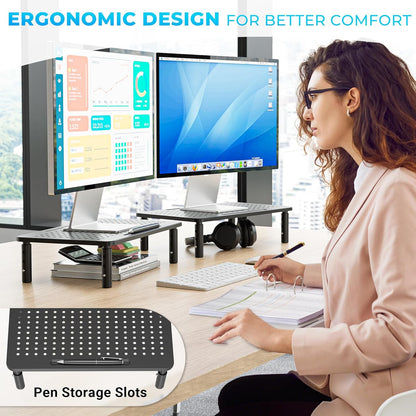 BONTEC Monitor Stand 2 Pack Height Adjustable Metal Riser with Pen Holder, Black, 14.5” x 9.1”, Ergonomic Desktop Stand for Computer, Printer, Laptop, Adjustable Desk Riser with Cable Management