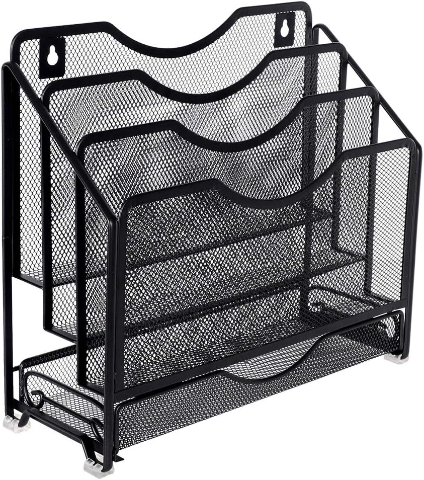 EasyPAG Mesh Desk Paper Organizer Wall Hanging File Holder with 3 Upright File Organizer and Sliding Drawer,Black