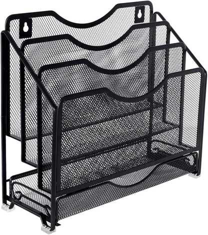 EasyPAG Mesh Desk Paper Organizer Wall Hanging File Holder with 3 Upright File Organizer and Sliding Drawer,Black