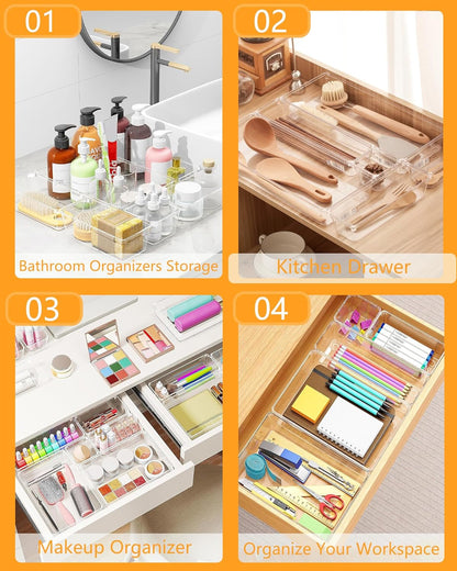 Clear Drawer Organizers Set of 13, 5-Size Vanity Organizer Trays, Stackable Bathroom & Desk Drawer Organizer for Makeup, Jewelry, Kitchen Utensils, Office Supplies and Small Gadgets Storage