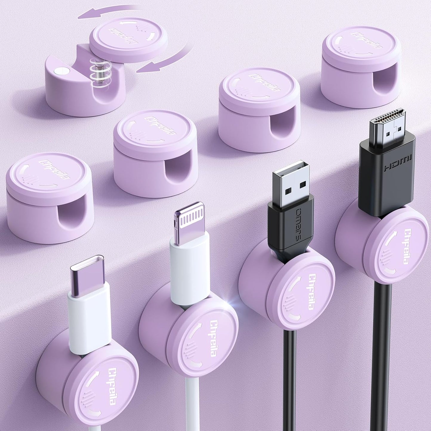 9 Pack Cord Organizer, Chfeila [360°Rotating Twist-Lock] Magnetic Cable Management Clips, Adhesive Phone Charging Keeper Wire Cord Holder for Nightstand/Car/Wall, Office Desk Accessories Decor (Black)
