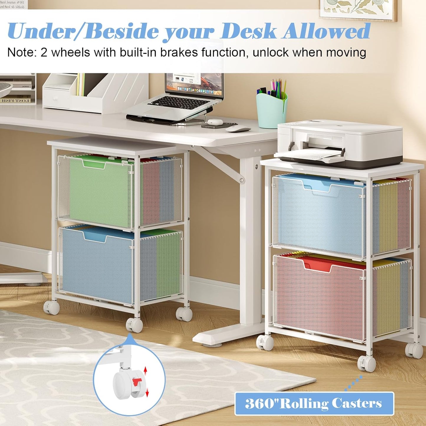 Sbanmao Letter/Legal Rolling File Cart with 2 Storage Drawers, Under Desk Storage, Vertical Filing Cabinet for Home Office, Hanging File Folders Organizer, Mobile Utility Cart Printer Stand, Black