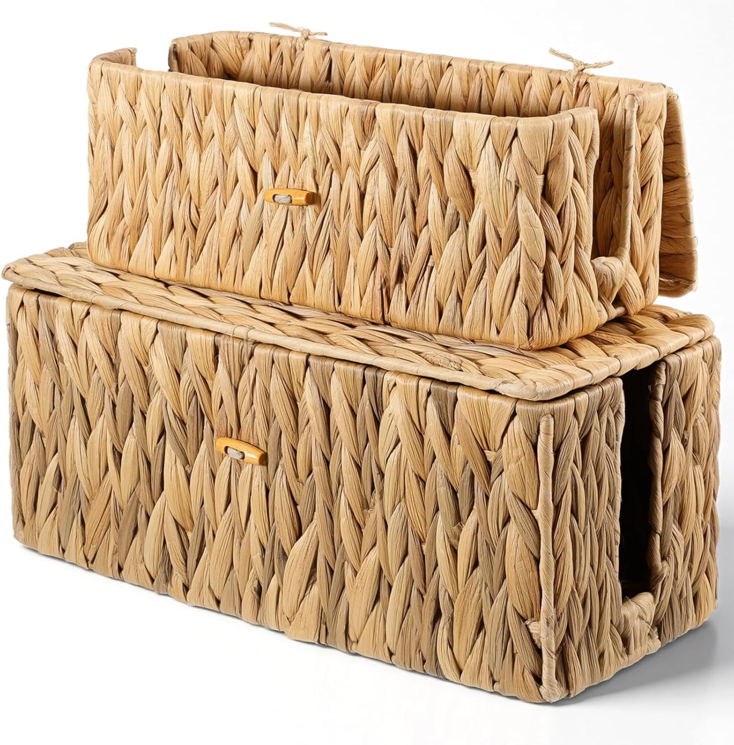 Cable Management Box with Lid 2 Pack Hand-Woven Water Hyacinth Decorative Cord Organizer 2 Side Open Slots Wicker Cable Box to Hide Cords Power Strip for Desk, Floor, Office
