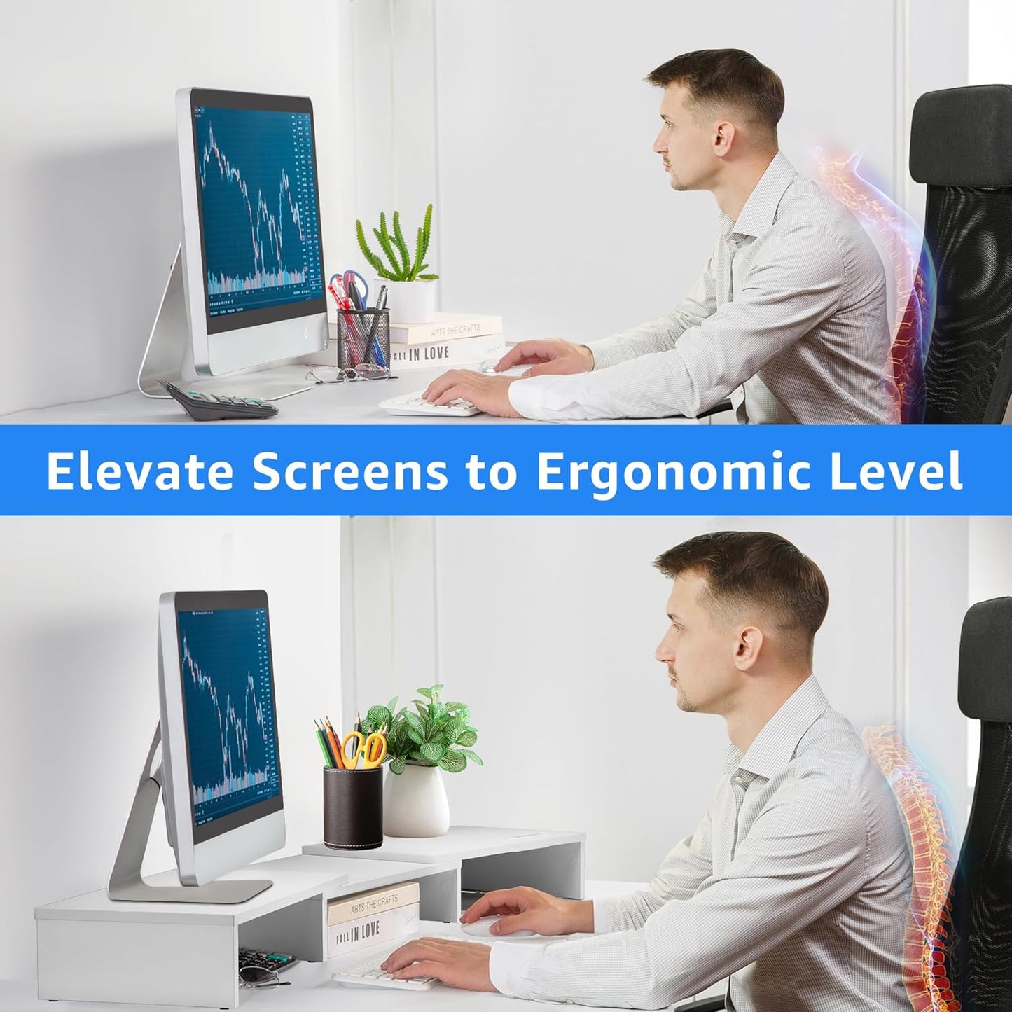 La Jaco Dual Monitor Stand Riser for 2 Monitors, Monitor Stand for Desk, Adjustable Length & Swivel Angle Wooden Desktop Organizer Stand Riser with Smartphone Holder for PC Monitor Laptop, White