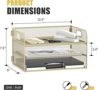 DALTACK 3 Tier Paper Organizer with Handle, Mesh Metal Desk Organizer with Sliding Paper Trays for Letter/A4 Paper, Mail, Bills & Folders, Black