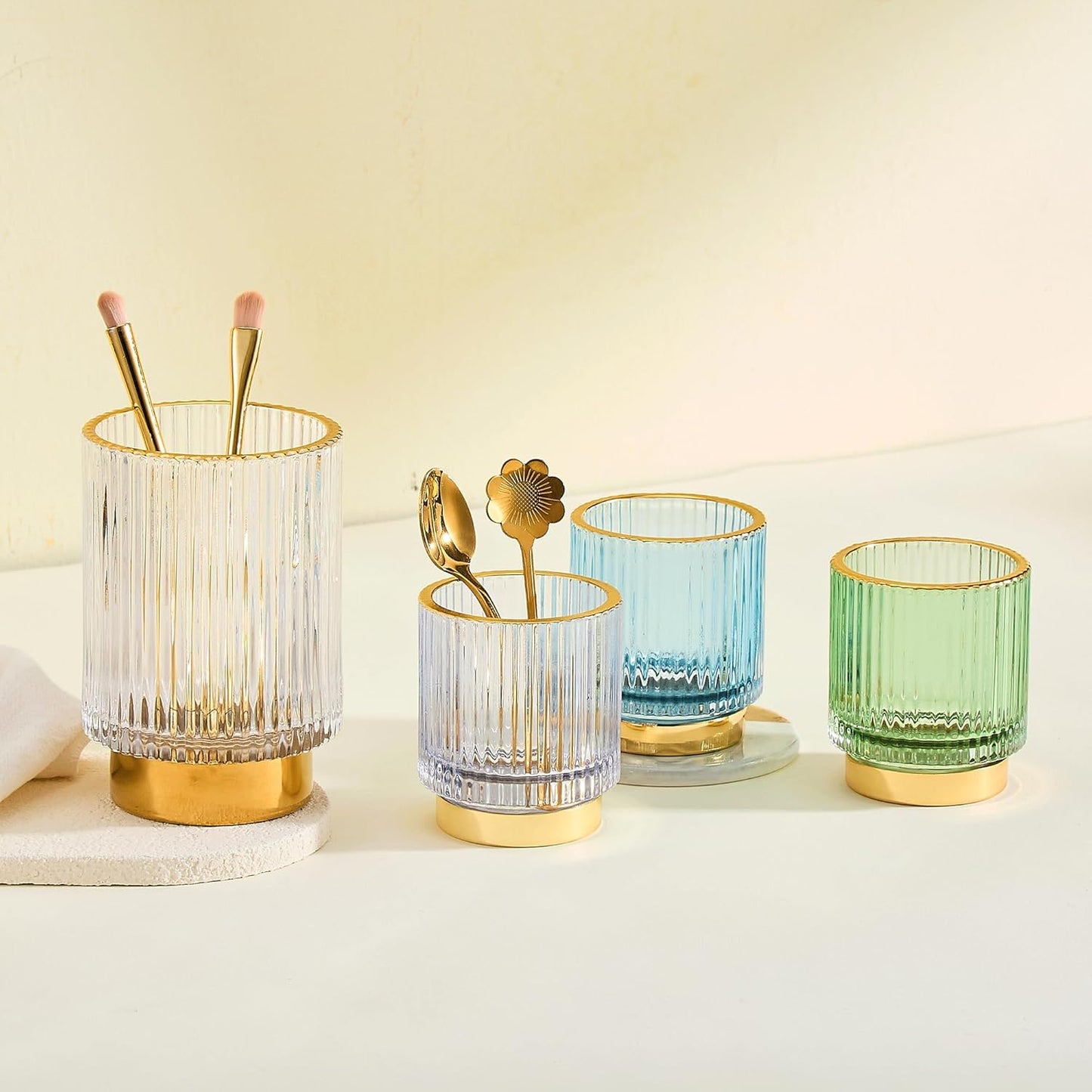 Makeup Brush Holder Organizer,Toothbrush Holders,Desk Pen Pencil Holder,Multifunctional Vintage Glass Brush Cup（L/Green/A3-6-US）