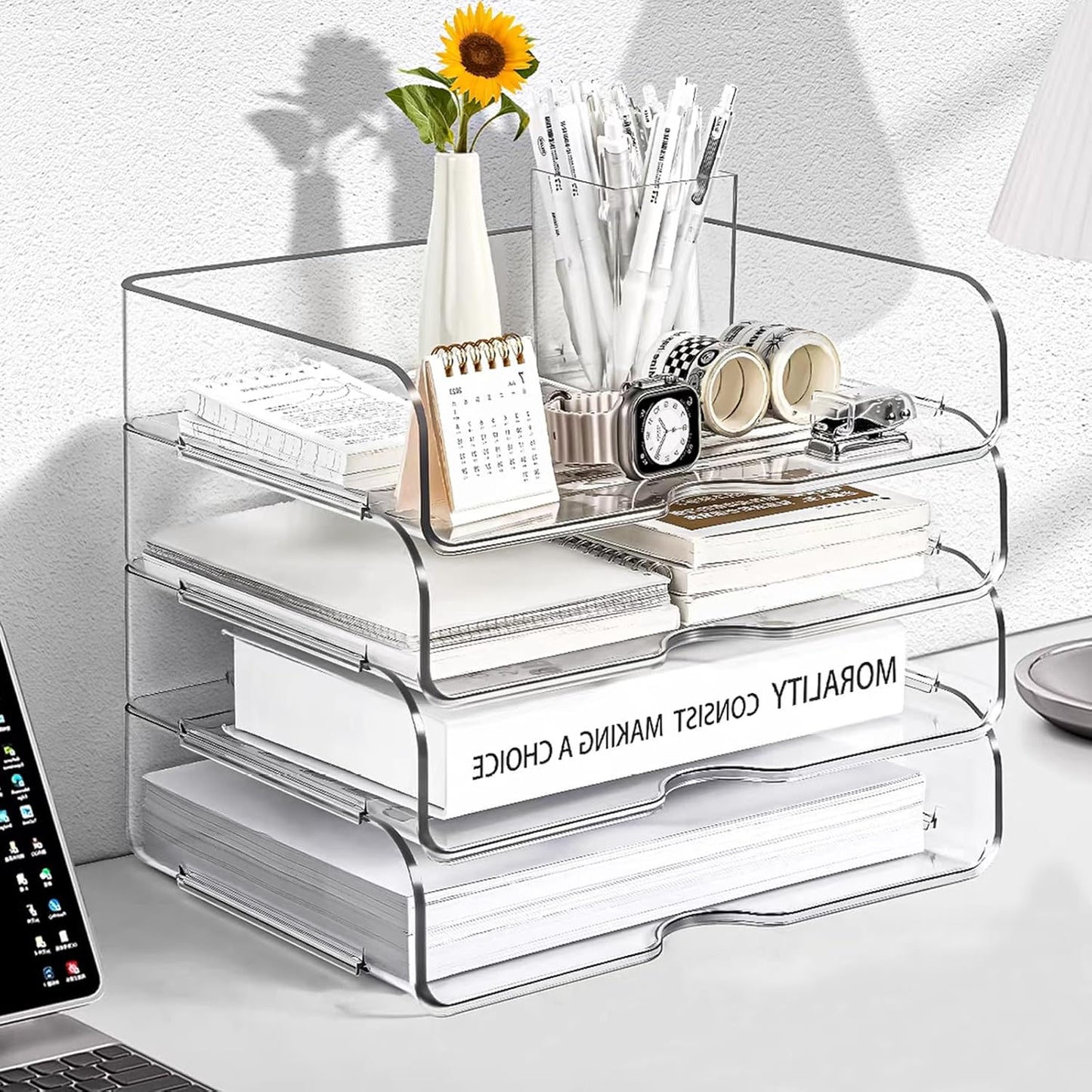 Clear Stackable Paper Trays 4 Pack, PET Letter Tray Desk Organizer, Desktop Organizers and Storage for Books, Magazines, Folders, A4 Size File Paper, Office Supplies