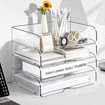 Clear Stackable Paper Trays 4 Pack, PET Letter Tray Desk Organizer, Desktop Organizers and Storage for Books, Magazines, Folders, A4 Size File Paper, Office Supplies
