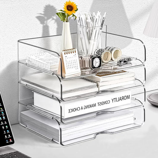 Clear Stackable Paper Trays 4 Pack, PET Letter Tray Desk Organizer, Desktop Organizers and Storage for Books, Magazines, Folders, A4 Size File Paper, Office Supplies
