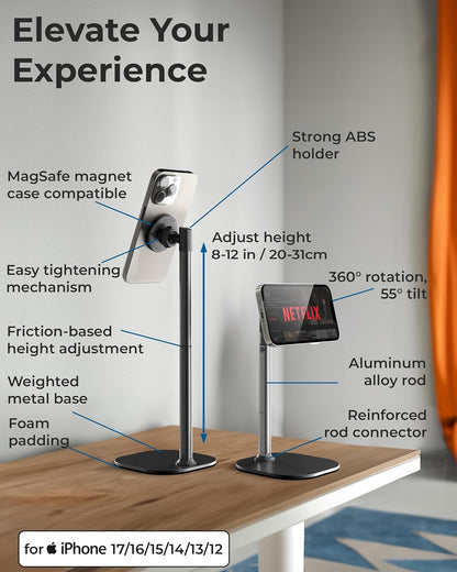 COOPER MagStand, Adjustable Magnetic iPhone Stand for Desk & Phone Holder for Video Recording, Compatible with MagSafe, Stand for iPhone 17 Pro Max, 16/15/14/13/12, Small Mag Safe Tripod (Black)