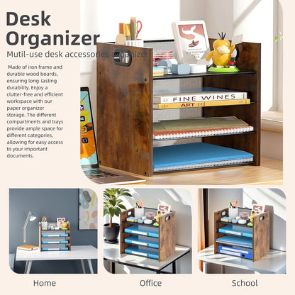 Wood Desk Organizer - 3-Tier Desktop File Organizer with Drawer, Wooden Paper Tray, Office Desk Organzier and Accessories for Papers, Mail, Notebooks, Stationery