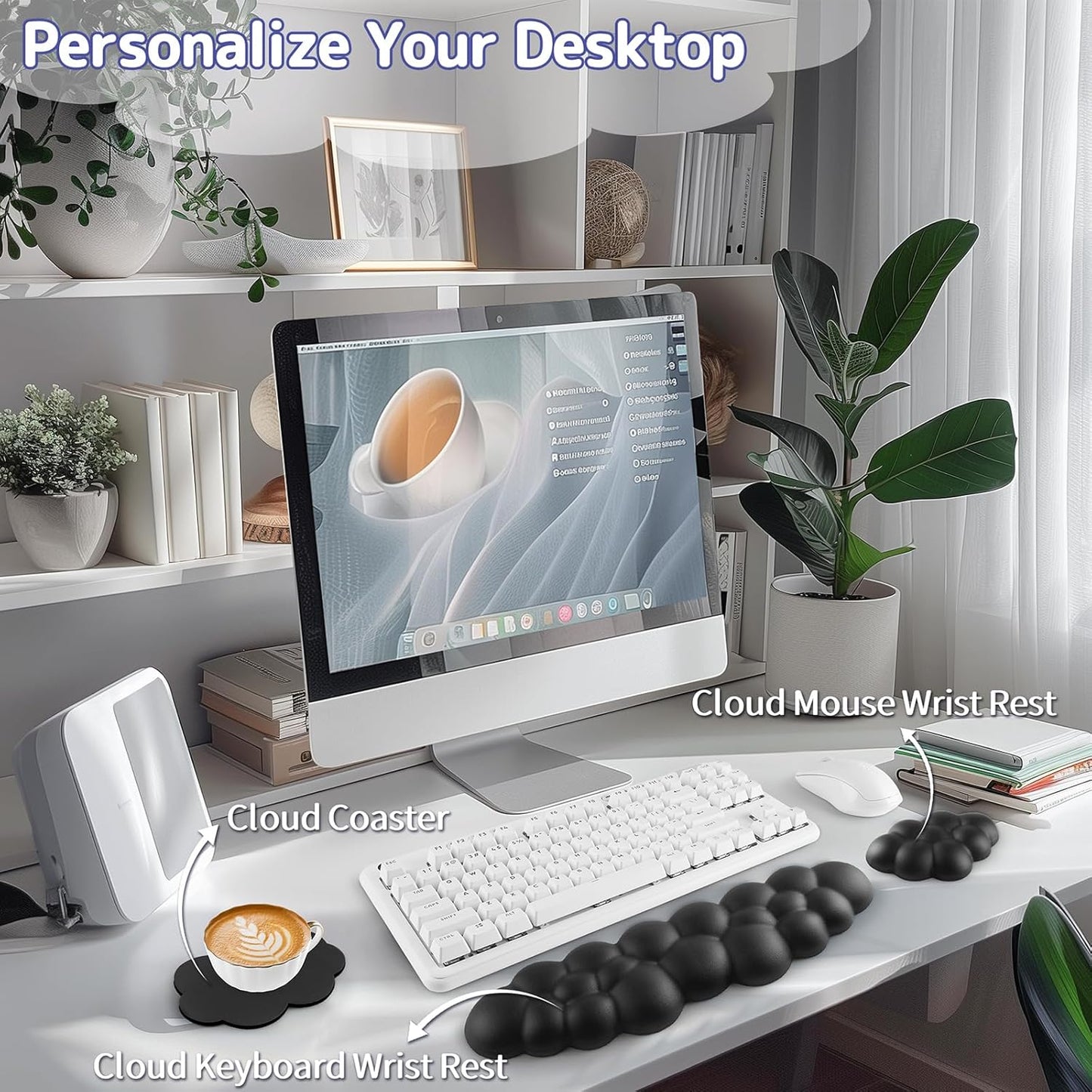 Sushret Cloud Wrist Rest Keyboard, Cloud Keyboard Wrist Pad Set with PU Leather Memory Foam, Cute Arm Rest for Palm Support, PC/Gaming Desk Accessories/Office Setup/Computer Hand Cushion - White