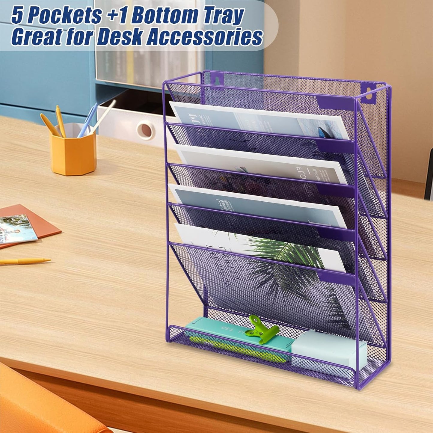 EASEPRES Desk File Organizer Mesh 6-Tier, Hanging Wall Mount Document Organization Stand, Desktop Vertical Mail Paper Folder Holder Rack with Bottom Tray for Office Home Cubicle Countertop, Black